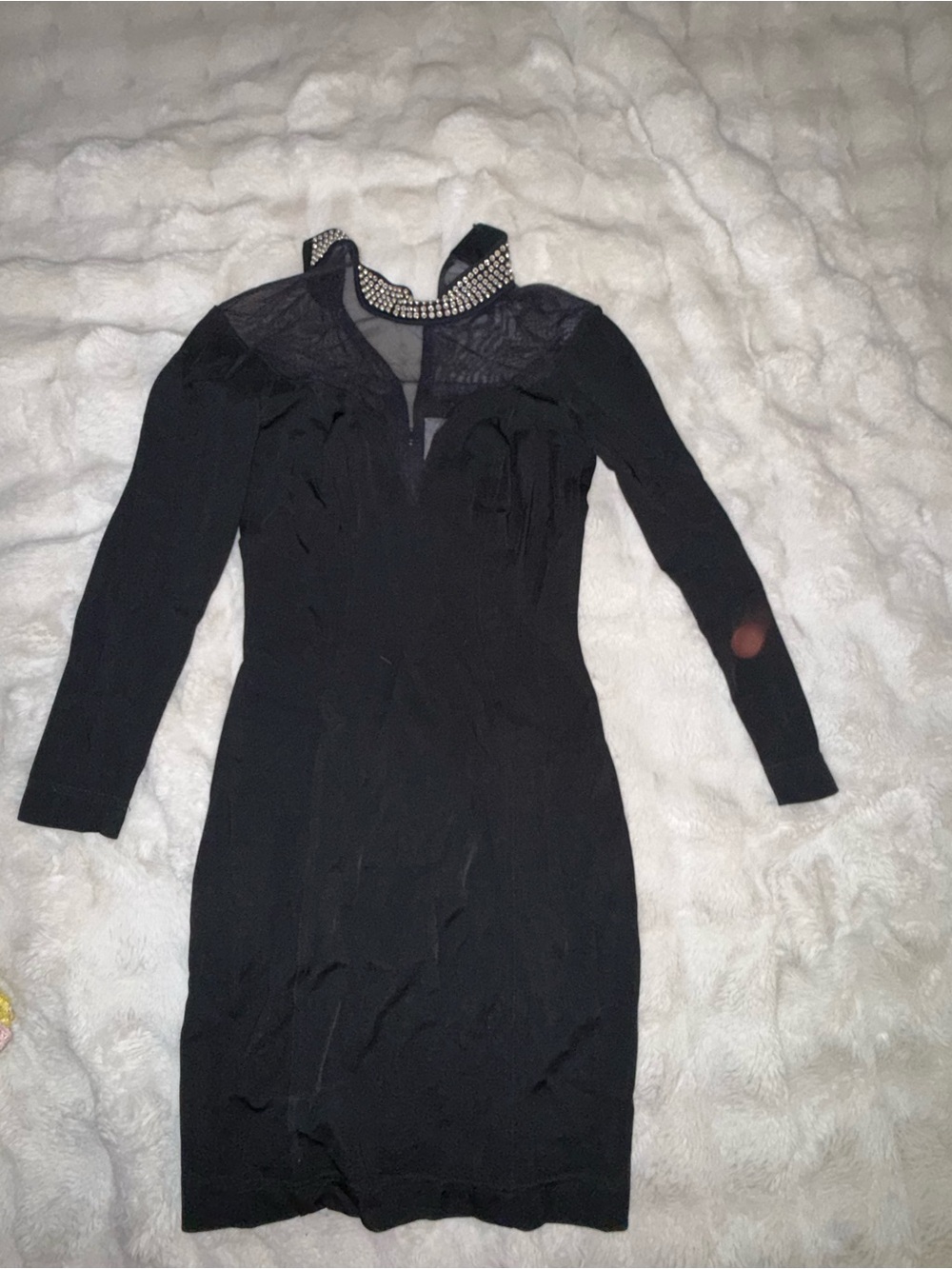 Black Long-Sleeve Mesh Yoke Dress with Embellished Collar